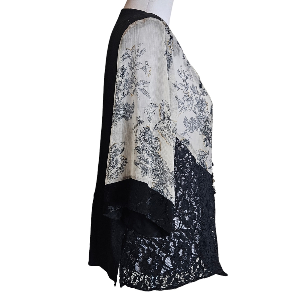 Vintage Spencer Alexis Black White Floral Lace Mixed Media Kimono Jacket Size XL - Picture 5 of 16